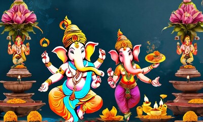 Naklejka premium Ganesha Festival, Lord Ganesha statue on colorful background