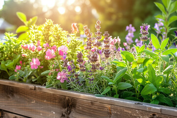 a wooden planter box filled with a vibrant selection of garden flowers bathed in sunlight. Various species including pink geraniums, purple lavender