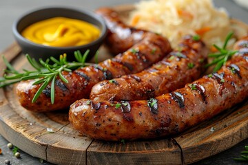 Bratwurst - Grilled sausages served with mustard and sauerkraut on a rustic wooden board.