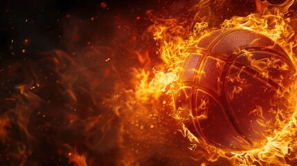 A close-up view of a basketball engulfed in vibrant flames against a pitch-black background, capturing the dynamic motion and intensity of the sport