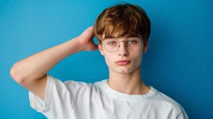 Naklejka premium A young man in glasses and a white T-shirt poses for a photo, resting his hand on his head