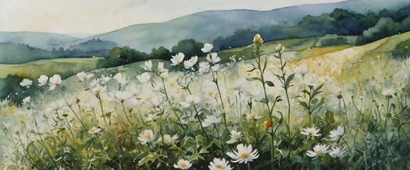 landscape with blooming valley hills, watercolor painting, wallpaper backdrop