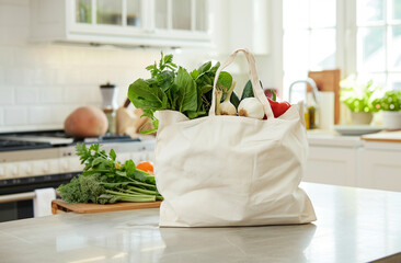 Eco bag with fresh vegetables on the table in a modern kitchen