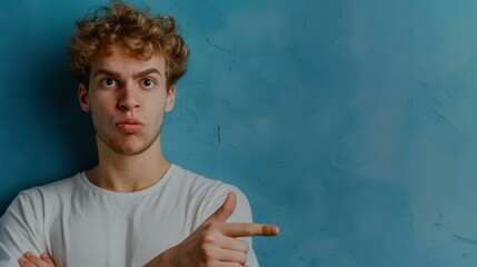 A young man faces the camera, making a humorous expression, and points an accusing finger at it against a backdrop of a blue wall