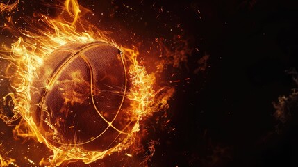 Fototapeta premium An intense image of a basketball ablaze with flames, the bright fire starkly contrasting with the deep black background, showcasing the thrill and heat of the game