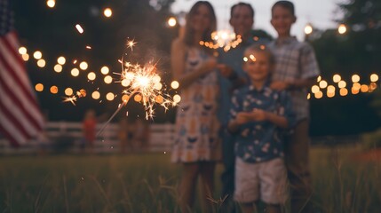 Happy child with sparkler celebrating the 4th of July, Independence Day, Memorial Day.