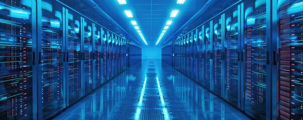 Fototapeta premium Massive data servers, glowing blue lights, hightech design, vibrant colors, photorealistic, futuristic data center,