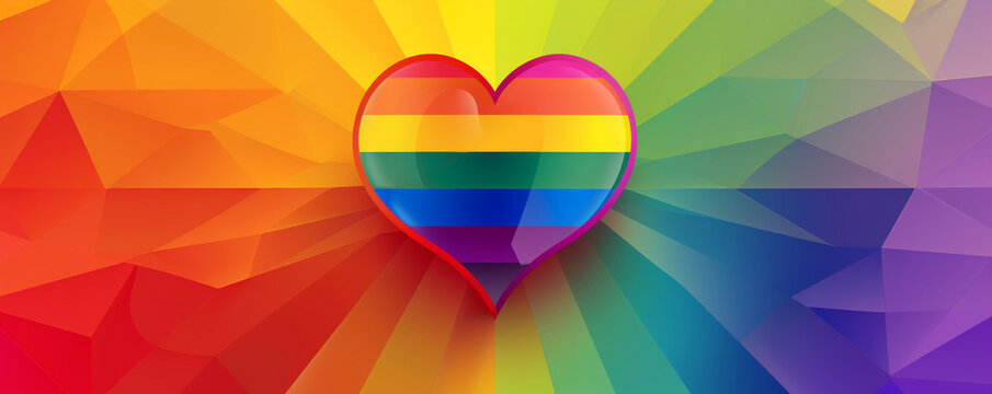Gradient background in Pride flag colors with a central heart in rainbow colors, customizable for text.