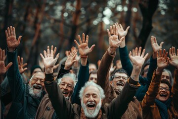 Group of senior people raising their hands up in the air in a park. - Powered by Adobe