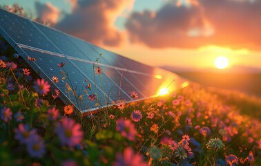 AI generated illustration of a close-up of solar panels in grass, flowers, and green fields