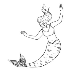 Black and white mermaid girl ink vector illustration. Hand drawn mermaid women month character with raised hands and hair in realistic style