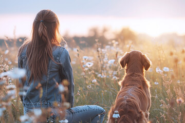Japanese woman and her pet dog walk and enjoy time together in meadow