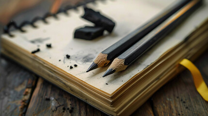 Obraz premium Black pencils and sketchbook on rustic wood. Black pencils and a well-used sketchbook rest on a rustic wood table, capturing the essence of creativity and inspiration.