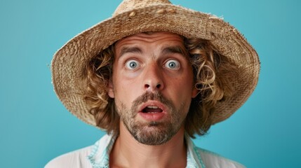  A man in a straw hat, eyes widened in shock, expression shocked