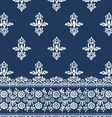 A small blue and white striped pattern with flowers and leaves