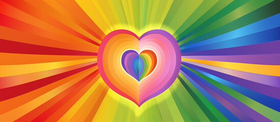 Wide LGBTQ pride color gradient featuring a central heart in rainbow hues, text area.