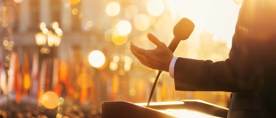 A leaders hands moving expressively while speaking on Independence Day, podium and microphone in focus, blurred flags and golden sunlight lens flare