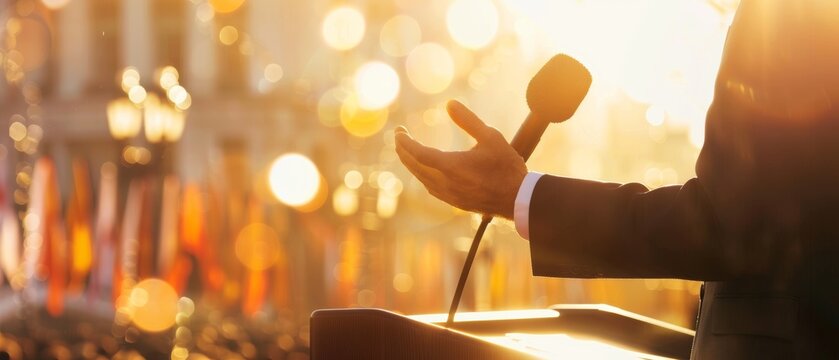 A leaders hands moving expressively while speaking on Independence Day, podium and microphone in focus, blurred flags and golden sunlight lens flare