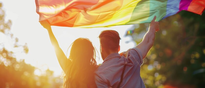 Couple holding a rainbow flag, sunlight filtering through to create a colorful scene, against a backdrop of clear skies, showing pride