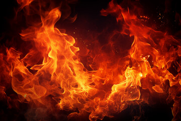 Fototapeta premium Fire flames on black background. Blaze fire flame background and textured