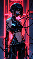 Portrait of an anime style cyberpunk female ninja warrior on a dark moody and atmospheric background