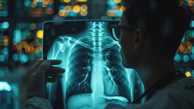 doctor examining the patient chest x-ray film lungs scan at radiology department in hospital,generative ai