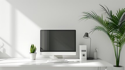 Clean and Minimalist Office Workspace with Sleek Computer Monitor, White Desk, and Plant on Bright Background