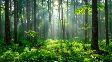 Obraz premium Tranquil Sunlit Forest: Captivating Nature Scene with Lush Greenery and Sunbeams Filtering Through Tall Trees