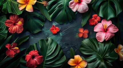 Tropical flowers with vibrant colors and lush leaves