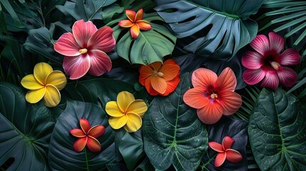 Tropical flowers with vibrant colors and lush leaves