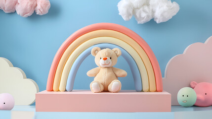 Baby kid product display podium platform with 3d rainbow, generative Ai