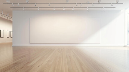 A hyperrealistic view of an empty white wall in an art gallery, designed for high-end art exhibitions under ambient lighting.