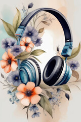 Headphones decorated with bouquet of vibrant flowers, vintage painting.