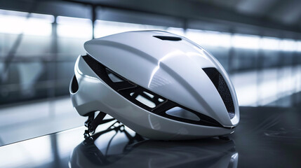 Fototapeta premium White bicycle helmet on glass table. Sleek and modern white bicycle helmet, emphasizing safety and style for cyclists.