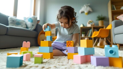 This image showcases a charming child playing with vibrant, pastel-colored building blocks in a cozy playroom setting, fostering creativity and growth