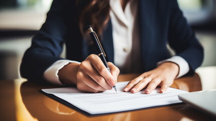 Businesswomen use elegant pen to signing contract in modern office. The entrepreneur employs a pen to create a notation on the booking schedule.