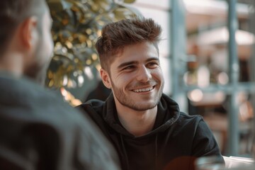Smiling man talking to a friend