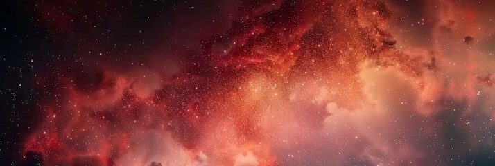 Naklejka premium explosion in space, dark red and white particles swirling in the air, abstract red and white cloud, surrounded by particles of fire in the night sky. red space, nebula