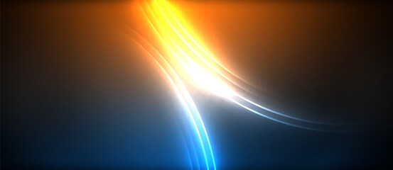 Neon glowing circle rays, light round lines in the dark, planet style neon wave lines. Energetic electric concept design for wallpaper, banner, background