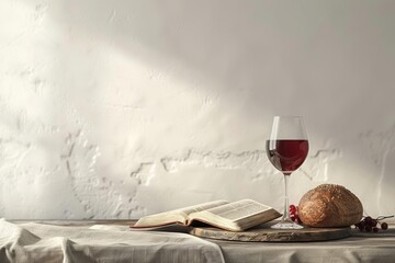Bible, wine glass, and bread placed on a table, isolated on a white background Copy space, representing the Last Supper and communion