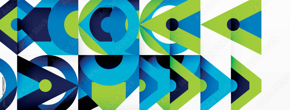 Poster the design features a striking combination of blue and green geometric elements, with arrows positio