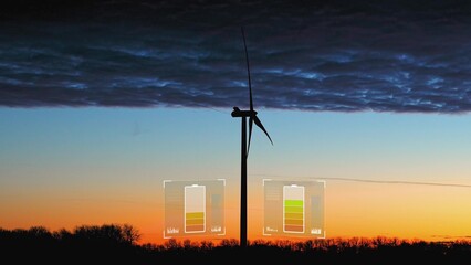 Wind turbine collecting electricity with a vivid sunset sky background. 3D render with battery...
