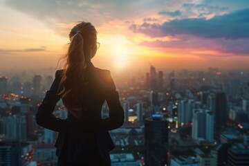 Fototapeta premium Business woman looking over the city at sunrise 