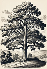 Oak tree, vintage woodcut engraving style, sketch vintage illustration