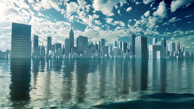 A simulated cityscape using advanced neurotech algorithms to predict and simulate the effects of sea level rise on infrastructure and urban areas..