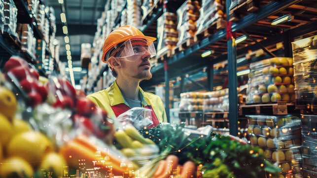 A worker dressed in warehouse attire gazes intently at a variety of colorful fruits and vegetables