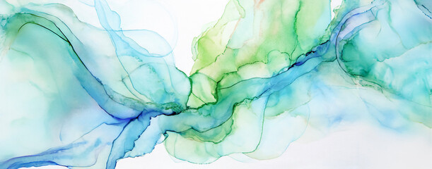 Horizontal alcohol ink art in blue on white