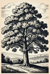 Oak tree, vintage woodcut engraving style, sketch vintage illustration