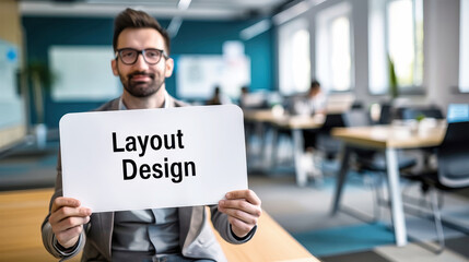 A man confidently holds a sign that says layout design in front of a vibrant background, embodying creativity and innovation. Mockup for design