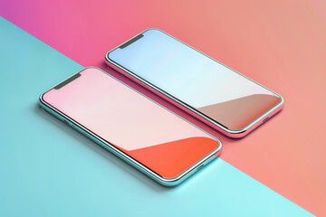 Two Phones are positioned side by side on a vibrant multicolored background, symbolizing a modern and harmonious technological connection. Mockup for design